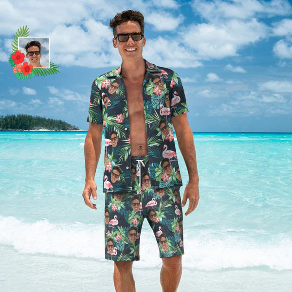 Custom Face Hawaiian Shirt – Personalized Beach Shorts Set With Flamingo Flower Design