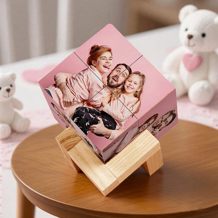 Custom Photo Cube – Folding Photo Puzzle Cube with Wooden Base | Unique Dad Gifts