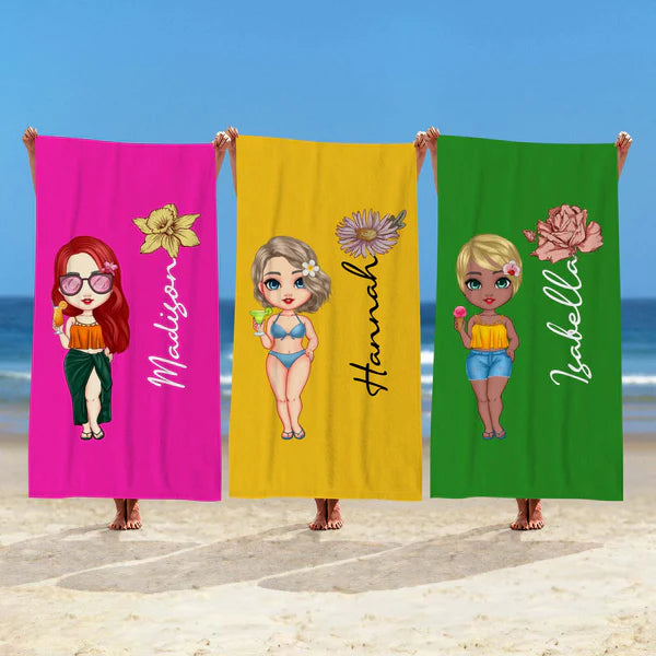 Personalized Beach Towel – Custom Cartoon Women Birth Flower Design, Multicolor Gift