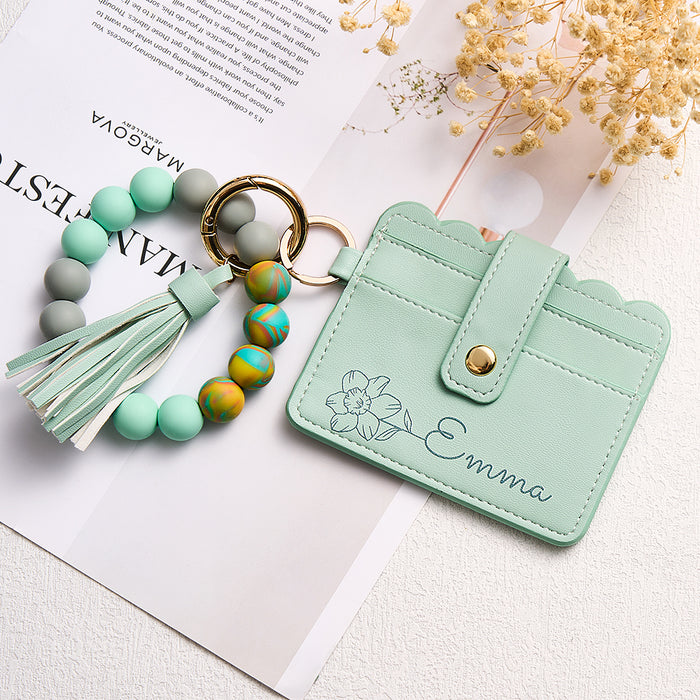 Personalized Leather Wallet - Compact PU Leather Wallet With Birth Flower Design & Bracelet