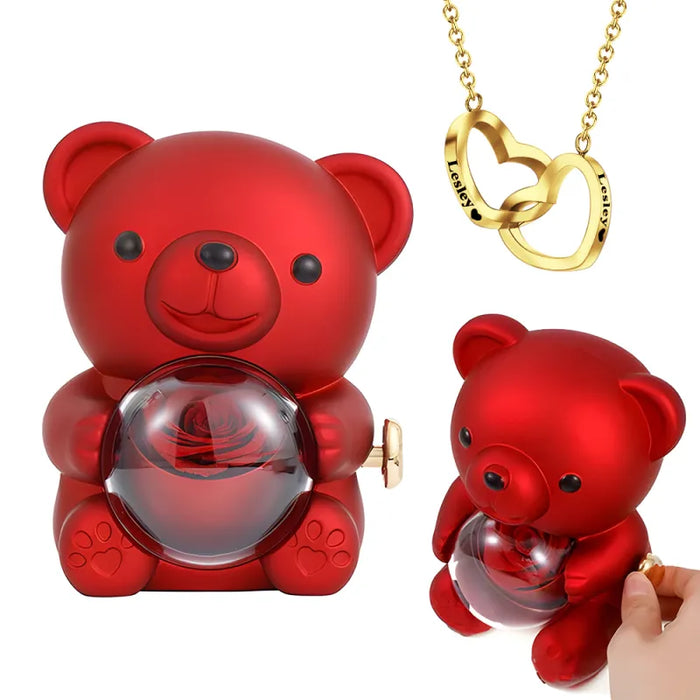 Eternal Rose Bear Personalized Jewelry Set – Engraved Necklace Gift for Her
