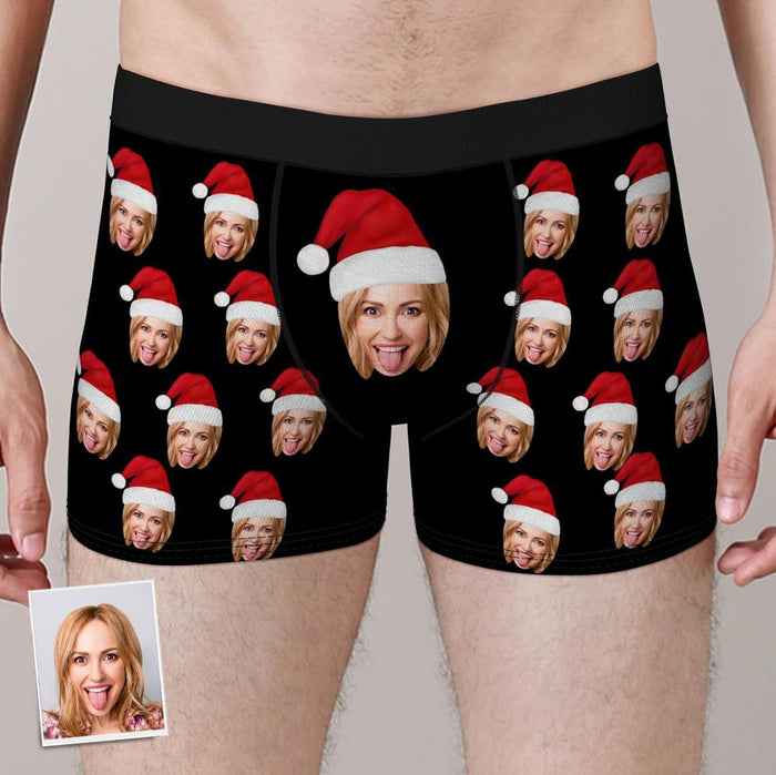 Custom Photo Boxers – Personalized Underwear With Christmas Hat | Soft Polyester Fleece