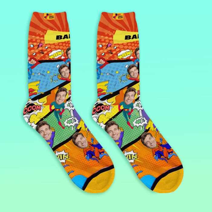 Custom Face Socks – Personalized Photo Socks With Comic Hero Style & No Fold Line