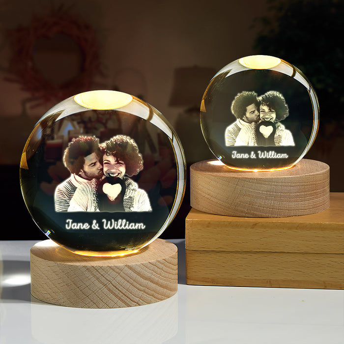 Personalized Crystal Night Light – 2D Photo Crystal Ball Light with Solid Wood Base