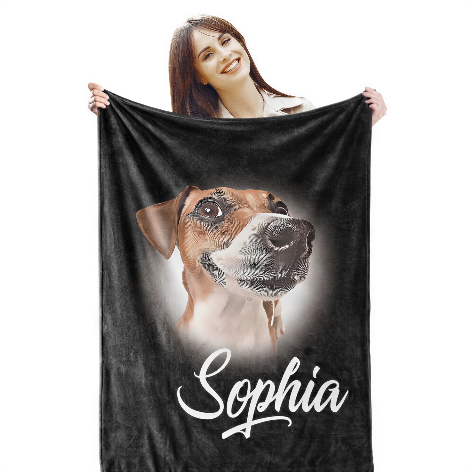 A woman is holding a black blanket with a portrait of a dog on it, and the name "Sophia" is written below the image.