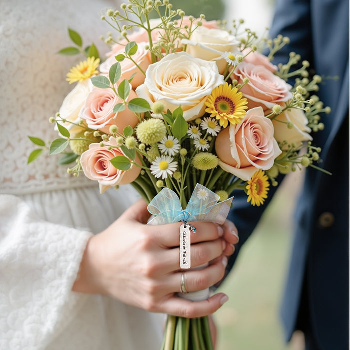 Bridal Bouquet Charm – Personalized Wedding Keepsake Gift | Silver Or Gold Engraved Strip