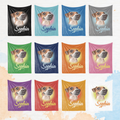 a collage of 12 fabric banners, each featuring a dog's face and the name 