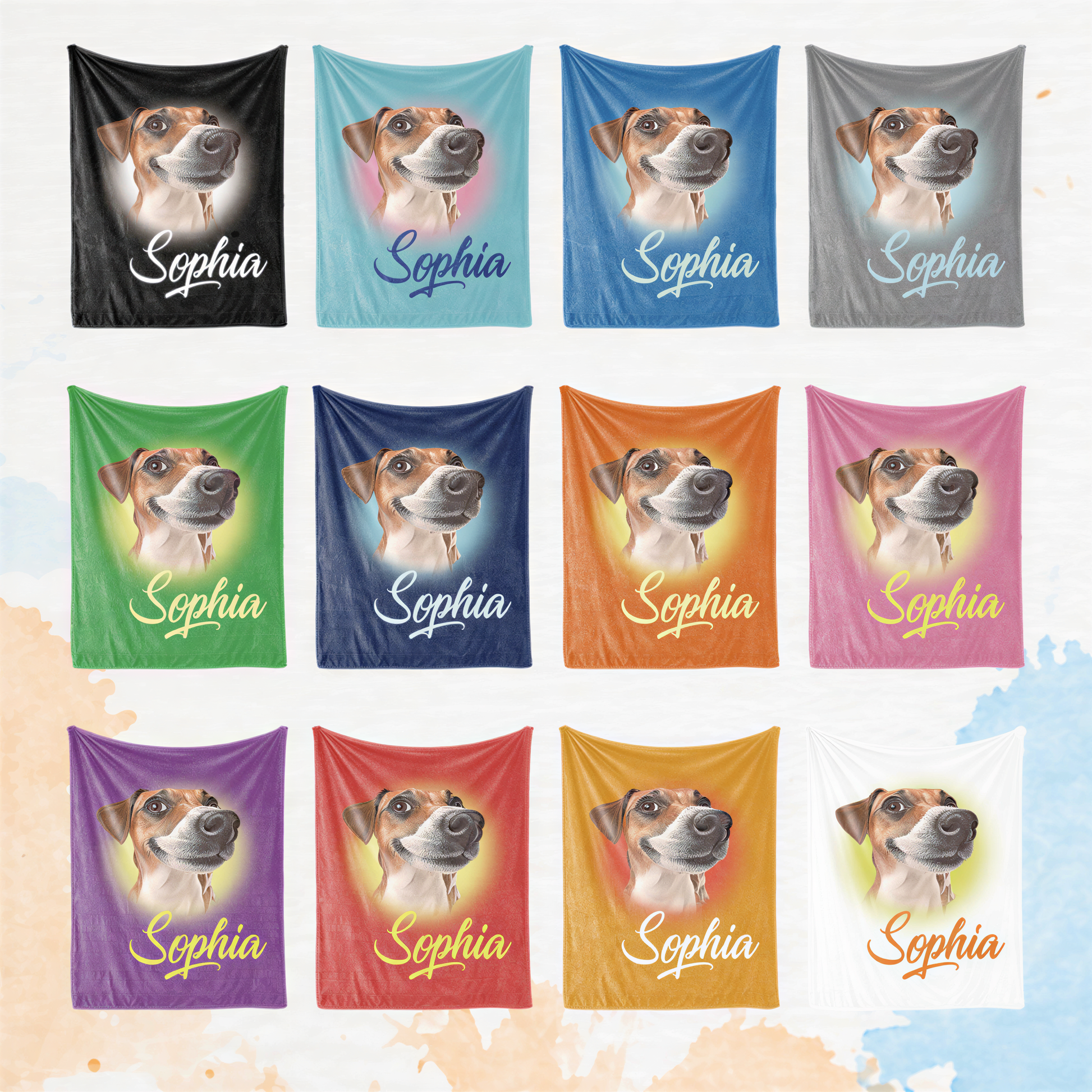 a collage of 12 fabric banners, each featuring a dog's face and the name "Sophia" written below it. The banners are arranged in a 4x3 grid, with each banner displaying a different color and design.